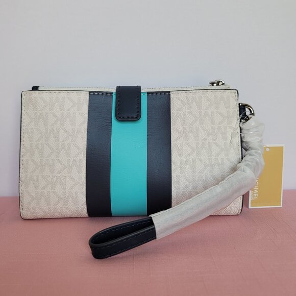 MICHAEL KORS Jet Set Double Zip Signature Phone Wristlet-Ocean Blue Mult 🎈$108⭐ - Picture 7 of 16